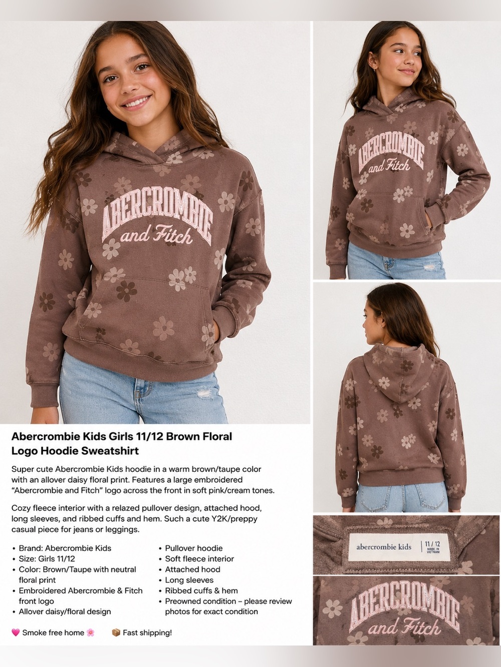 Abercrombie Kids Girls 11/12 Brown Floral Logo Hoodie Sweatshirt